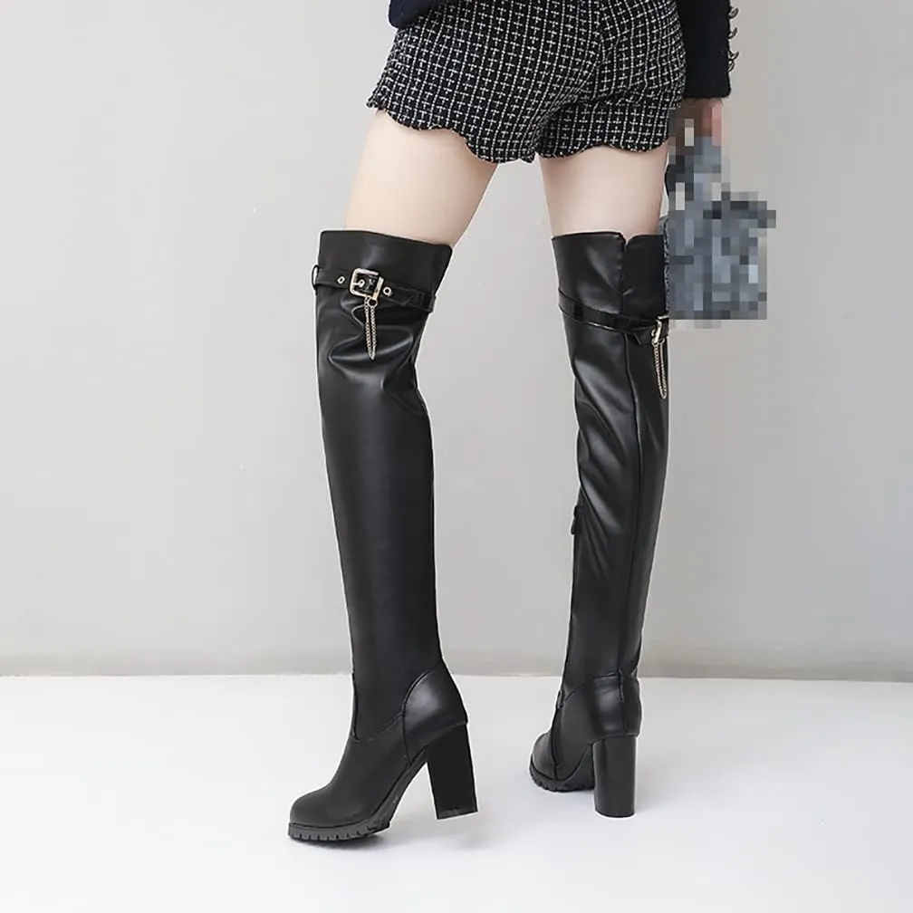 VULTRO Women's Over The Knee Boots High Heels Round Toe Side Zipper PU Leather Thigh High Boot