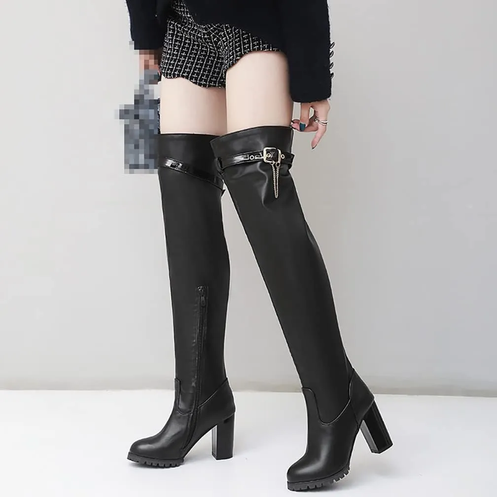 VULTRO Women's Over The Knee Boots High Heels Round Toe Side Zipper PU Leather Thigh High Boot