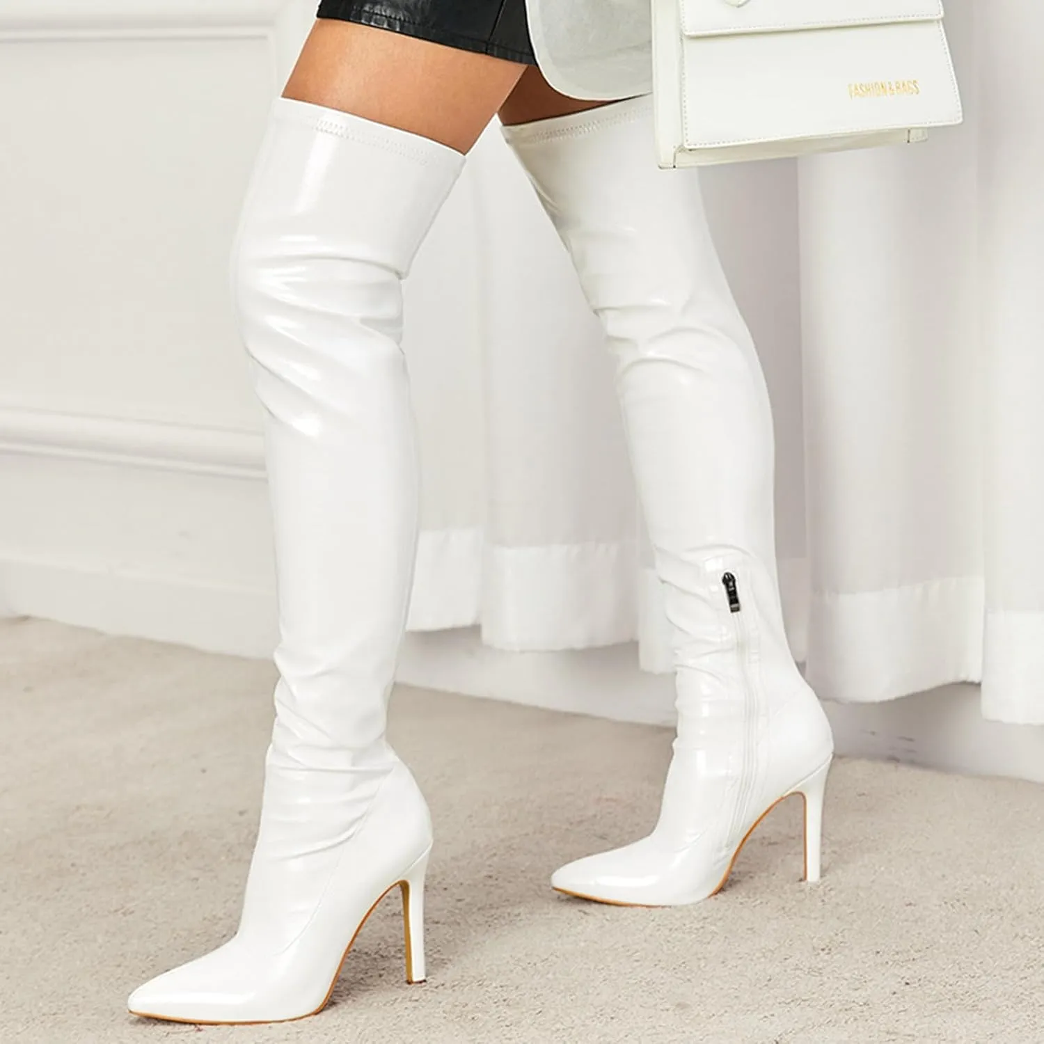 Women Pointed Toe Stiletto Heel Thigh High Over The Knee Boots Pull On Side Zipper Faux Leather Winter Dressy Shoes