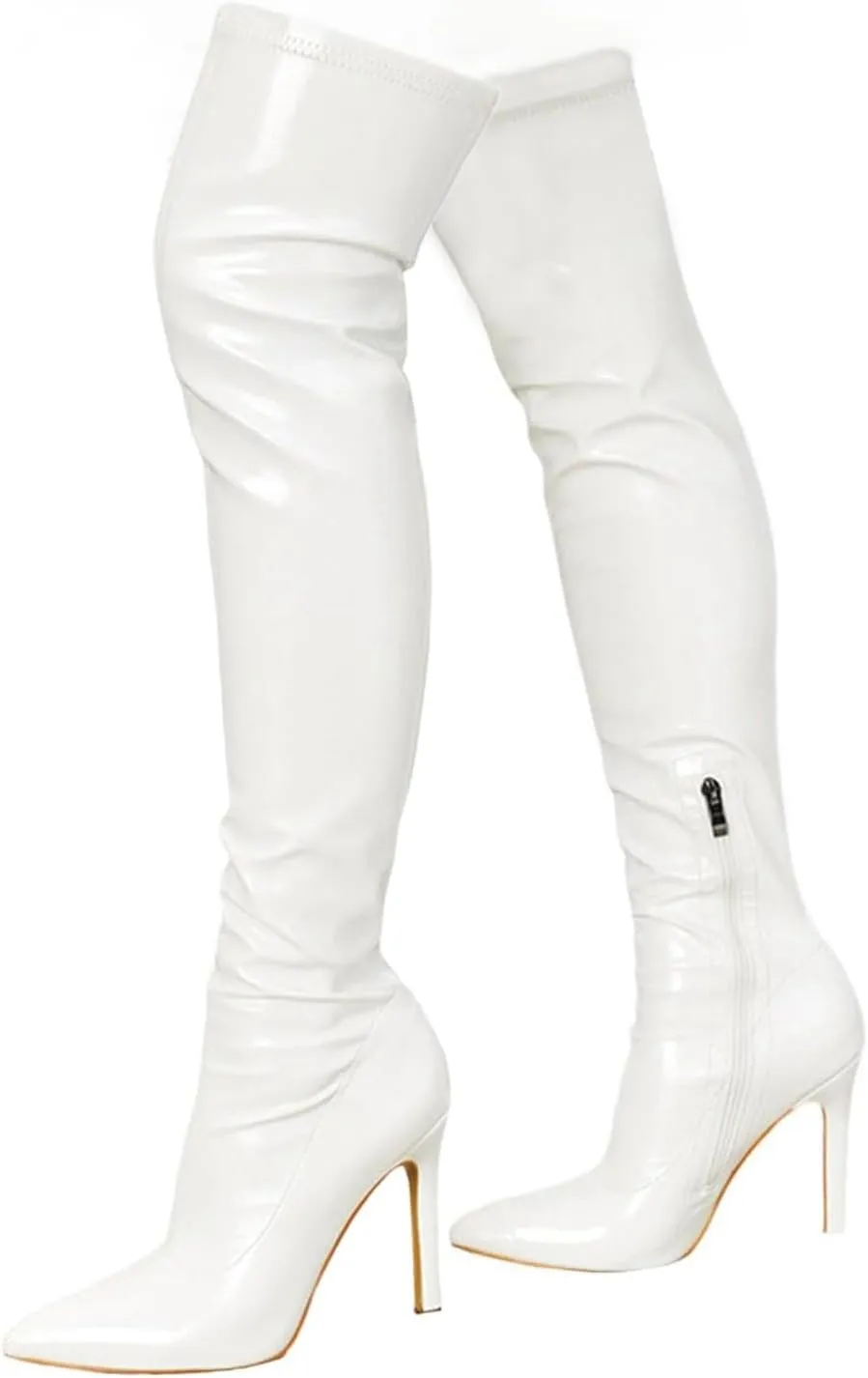 Women Pointed Toe Stiletto Heel Thigh High Over The Knee Boots Pull On Side Zipper Faux Leather Winter Dressy Shoes