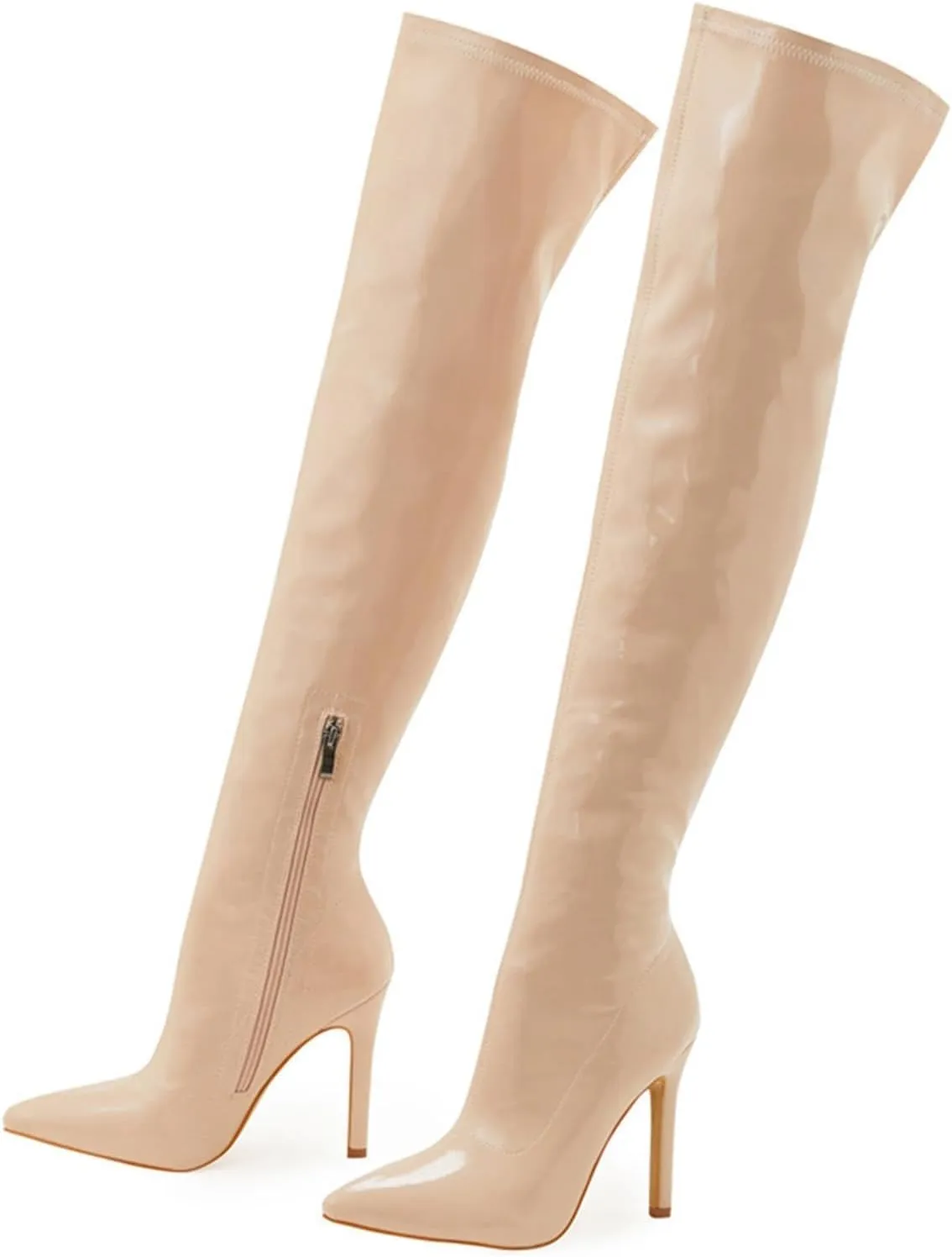 Women Pointed Toe Stiletto Heel Thigh High Over The Knee Boots Pull On Side Zipper Faux Leather Winter Dressy Shoes