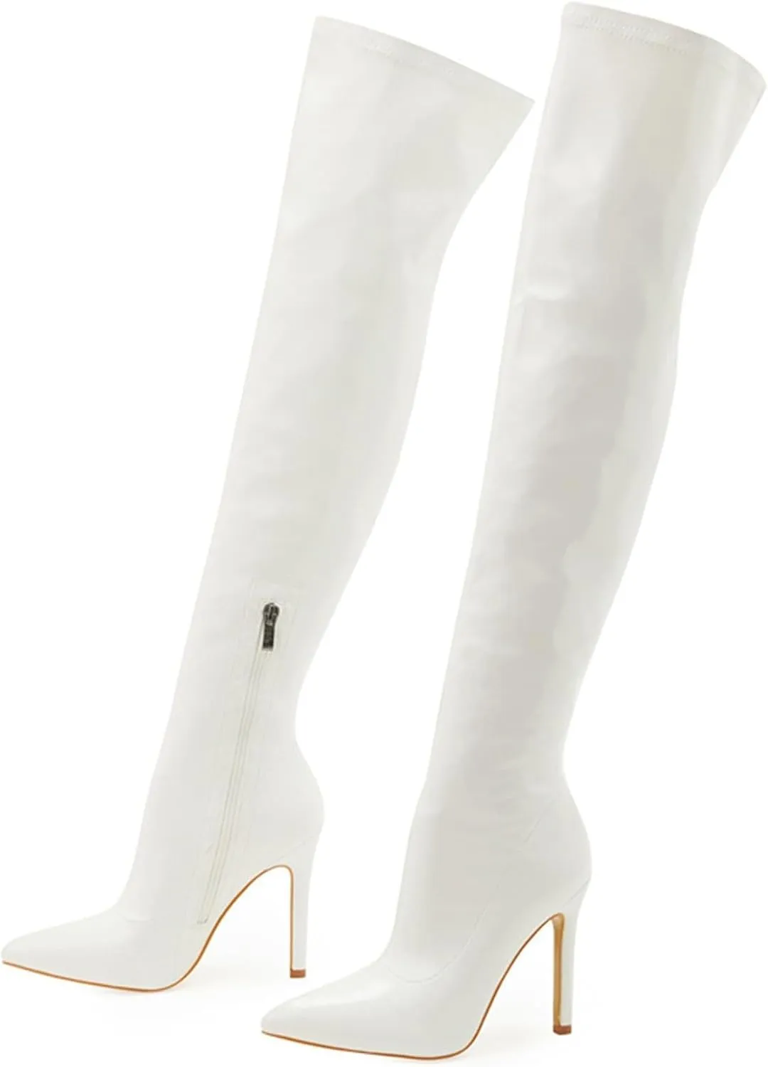 Women Pointed Toe Stiletto Heel Thigh High Over The Knee Boots Pull On Side Zipper Faux Leather Winter Dressy Shoes