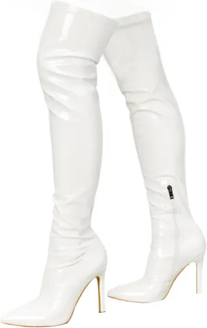 Women Pointed Toe Stiletto Heel Thigh High Over The Knee Boots Pull On Side Zipper Faux Leather Winter Dressy Shoes