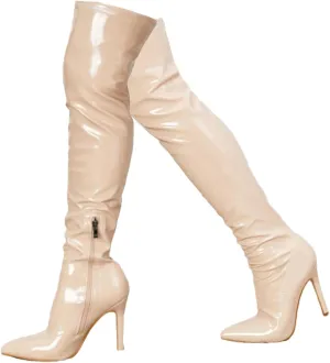 Women Pointed Toe Stiletto Heel Thigh High Over The Knee Boots Pull On Side Zipper Faux Leather Winter Dressy Shoes