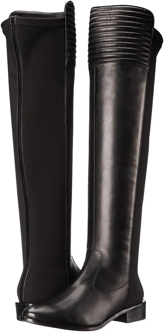 Women Riding Boots Thigh High Over the Knee Boots Spliced Leather Chunky Heel Stretch Side Zipper Flat Boots