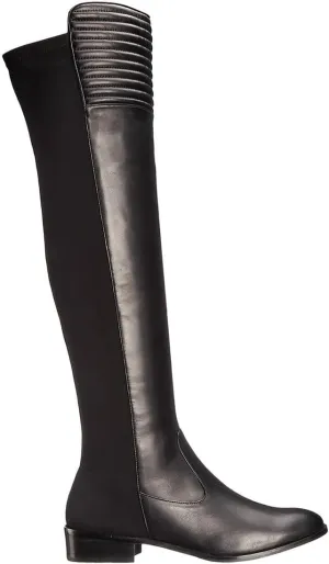 Women Riding Boots Thigh High Over the Knee Boots Spliced Leather Chunky Heel Stretch Side Zipper Flat Boots