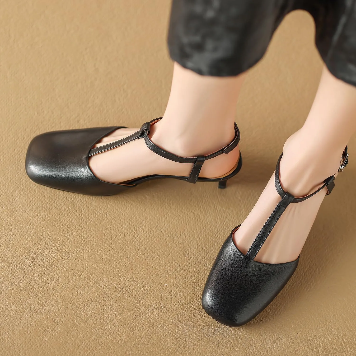 Women Slingback Kitten Heel Pumps Square Toe Ankle T-Strap 1 inch Low Heel Mary Jane Sandals Slingback Closed Toe Matte Wedding Evening Party Dress Low Heels Cute 4-11 M US