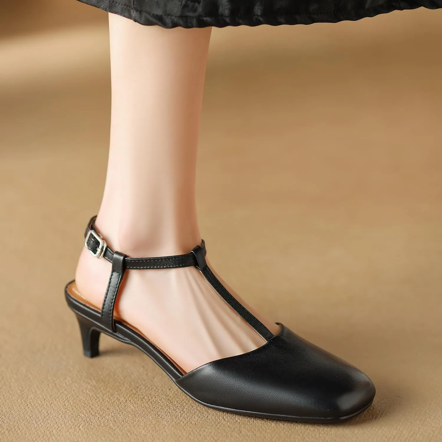 Women Slingback Kitten Heel Pumps Square Toe Ankle T-Strap 1 inch Low Heel Mary Jane Sandals Slingback Closed Toe Matte Wedding Evening Party Dress Low Heels Cute 4-11 M US