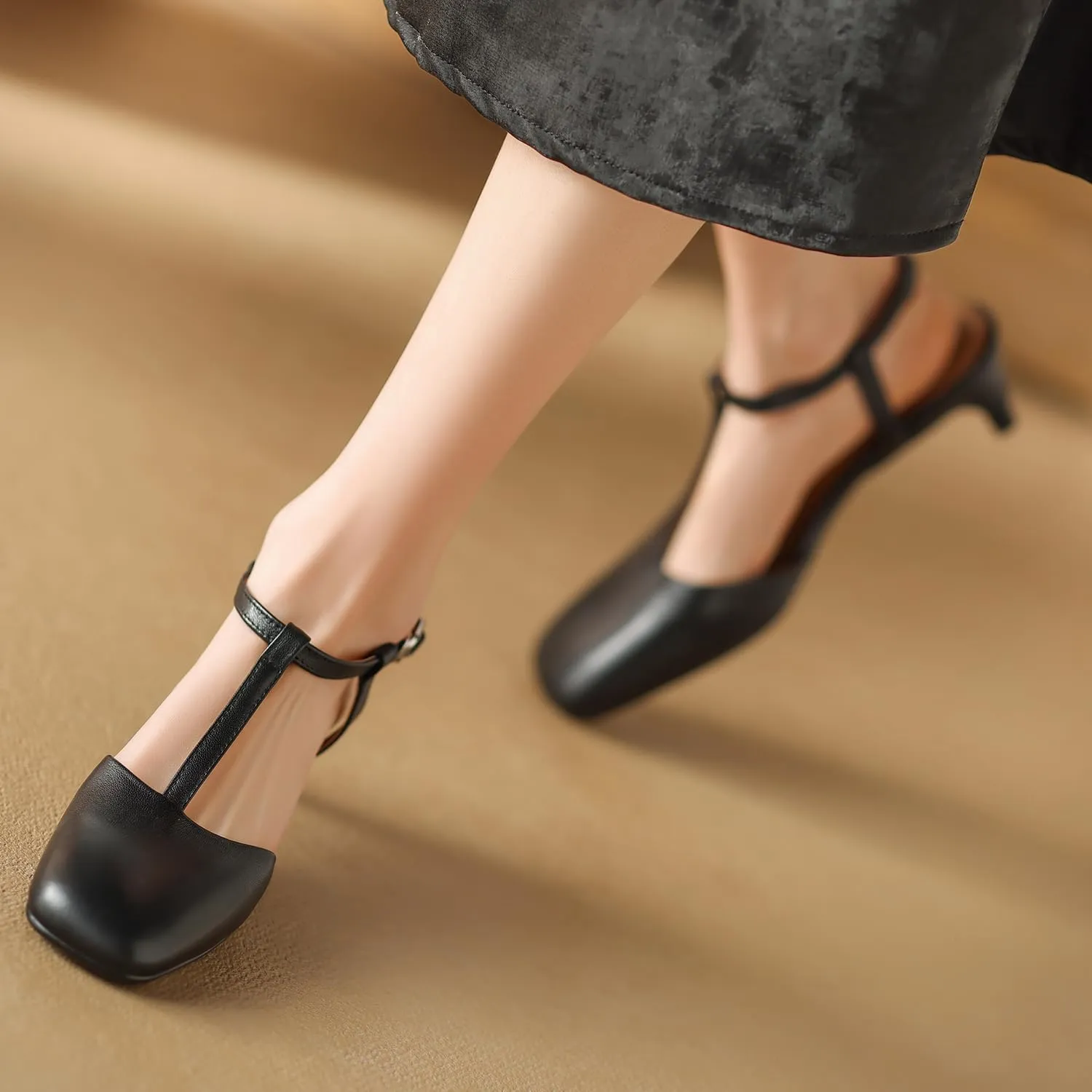 Women Slingback Kitten Heel Pumps Square Toe Ankle T-Strap 1 inch Low Heel Mary Jane Sandals Slingback Closed Toe Matte Wedding Evening Party Dress Low Heels Cute 4-11 M US