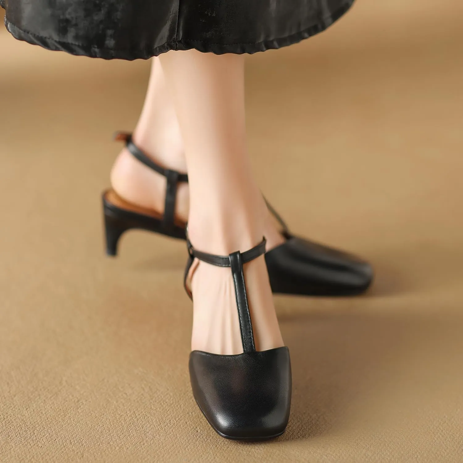 Women Slingback Kitten Heel Pumps Square Toe Ankle T-Strap 1 inch Low Heel Mary Jane Sandals Slingback Closed Toe Matte Wedding Evening Party Dress Low Heels Cute 4-11 M US