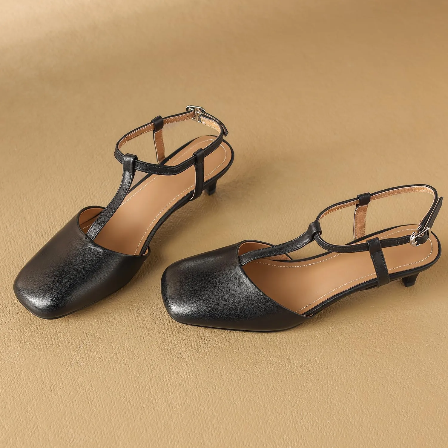 Women Slingback Kitten Heel Pumps Square Toe Ankle T-Strap 1 inch Low Heel Mary Jane Sandals Slingback Closed Toe Matte Wedding Evening Party Dress Low Heels Cute 4-11 M US