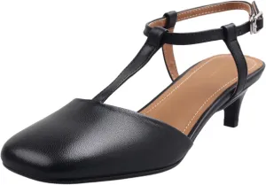 Women Slingback Kitten Heel Pumps Square Toe Ankle T-Strap 1 inch Low Heel Mary Jane Sandals Slingback Closed Toe Matte Wedding Evening Party Dress Low Heels Cute 4-11 M US