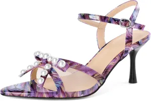 Women Stiletto Heel Sandals Strappy Heels Open Toe Sandals Slingback Heel Sandals Comfort Dressy Pearl Heels Evening Party 3.5 Inch