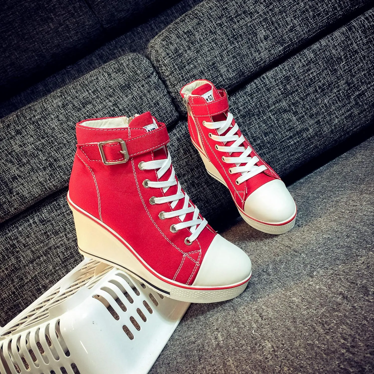 Women's Canvas Casual Shoes Dating Platform Slip-On High Top Sneakers Rubber Sole Wedge High Top Fashion Sneakers