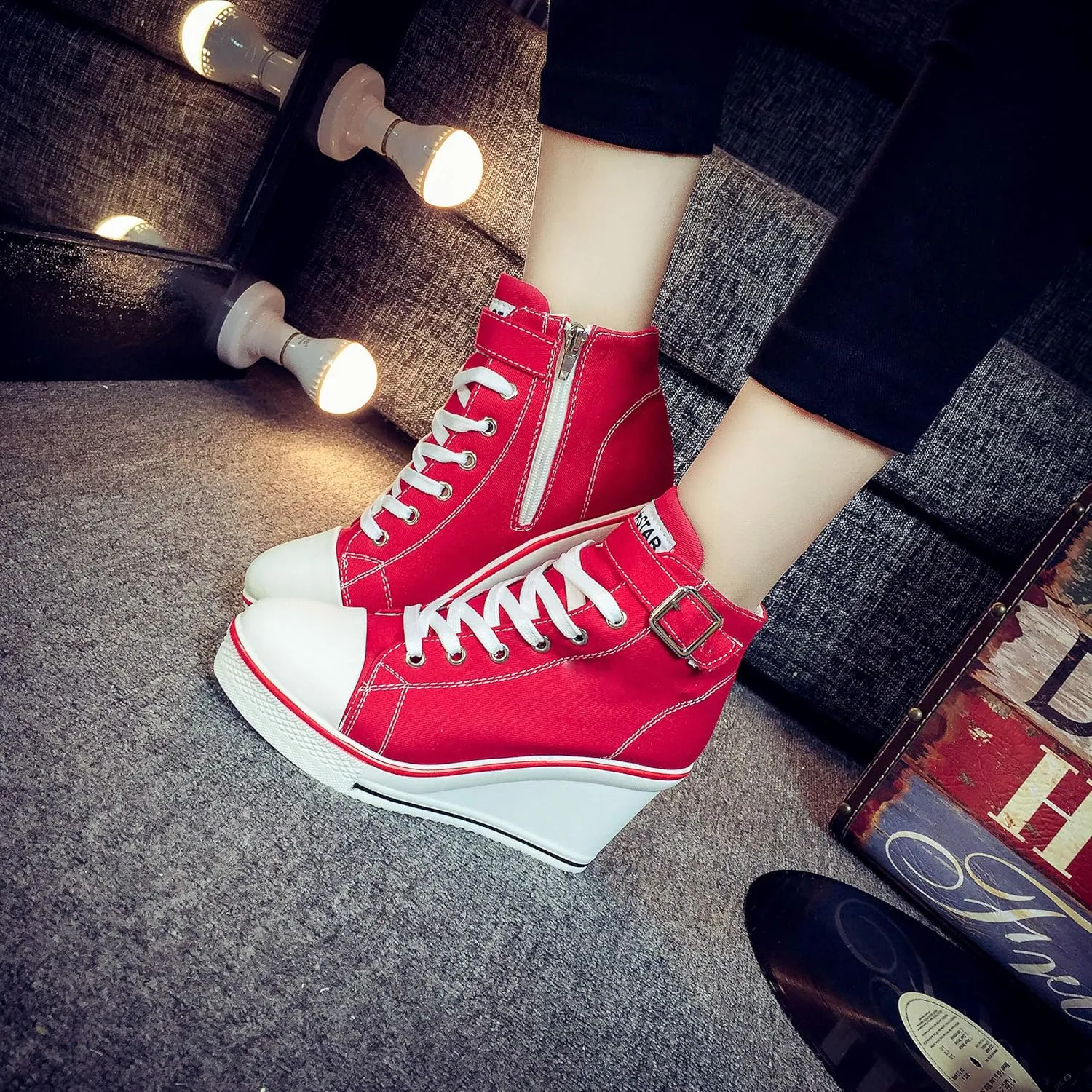 Women's Canvas Casual Shoes Dating Platform Slip-On High Top Sneakers Rubber Sole Wedge High Top Fashion Sneakers