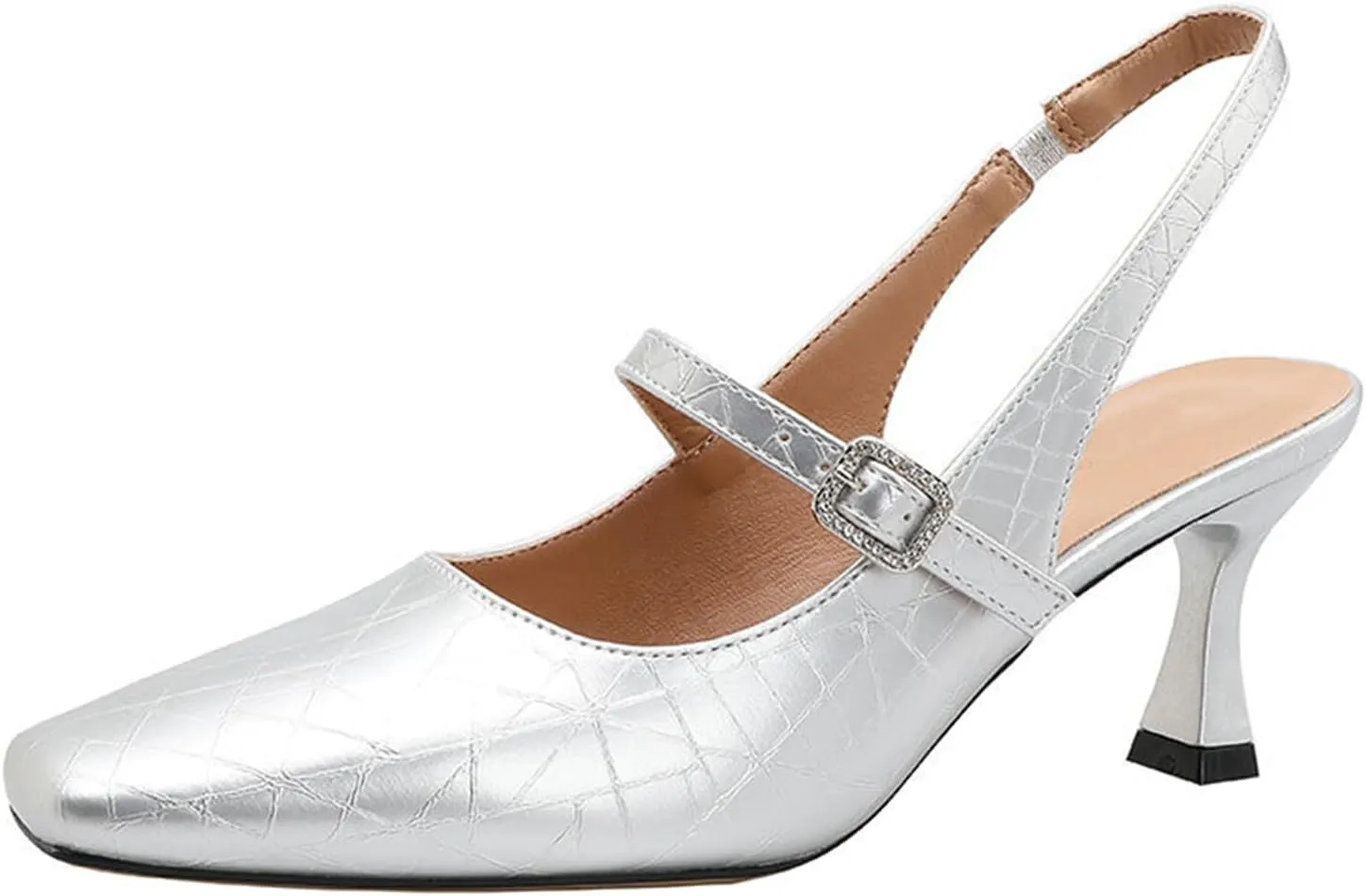 Women's Closed Pointed Toe Slingback Pumps Sandals - Slip-on For Parties - Stylish Silver French Mary Jane Single Shoes With Thin Heels