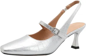 Women's Closed Pointed Toe Slingback Pumps Sandals - Slip-on For Parties - Stylish Silver French Mary Jane Single Shoes With Thin Heels