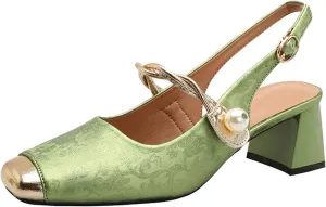 Women's Closed Pointed Toe Slingback Sandals - Slip-on Pumps For Parties, Proms - Summer Mary Janes With Chunky Heels