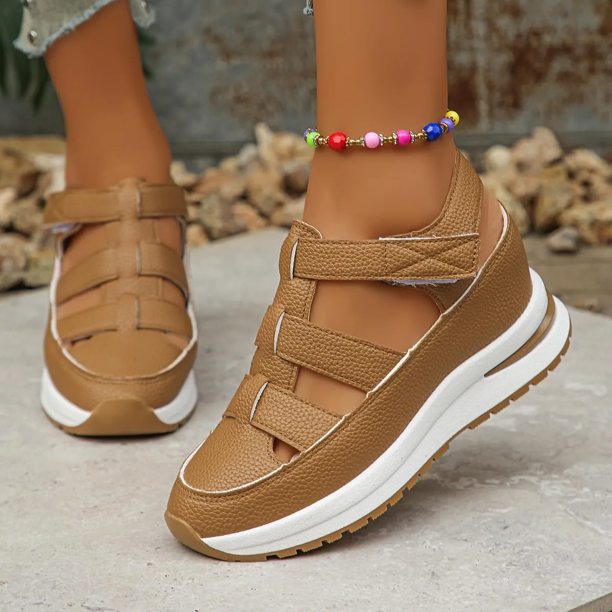Women's Hollow Out Breathable Platform Wedge Sandals Sneakers, Womens Stylish Casual Closed Toe Sandal Adjustable Strap