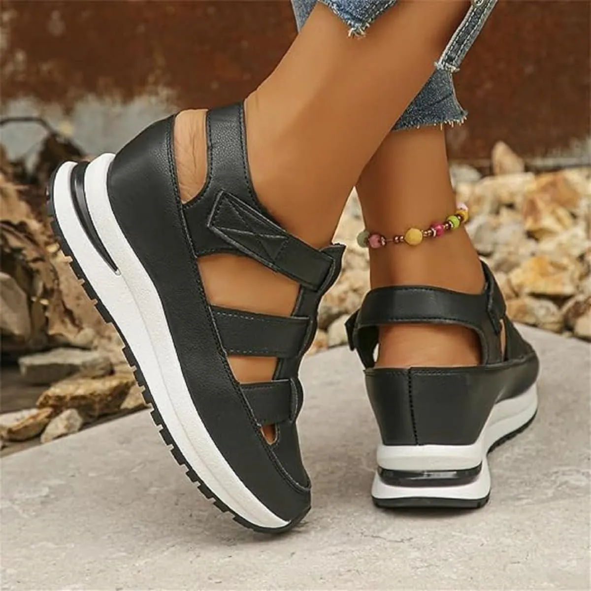 Women's Hollow Out Breathable Platform Wedge Sandals Sneakers, Womens Stylish Casual Closed Toe Sandal Adjustable Strap