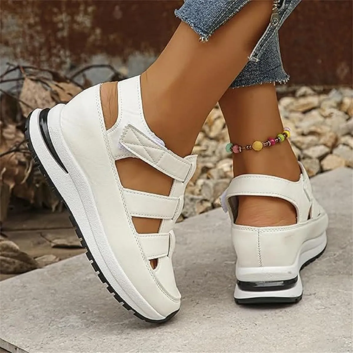 Women's Hollow Out Breathable Platform Wedge Sandals Sneakers, Womens Stylish Casual Closed Toe Sandal Adjustable Strap