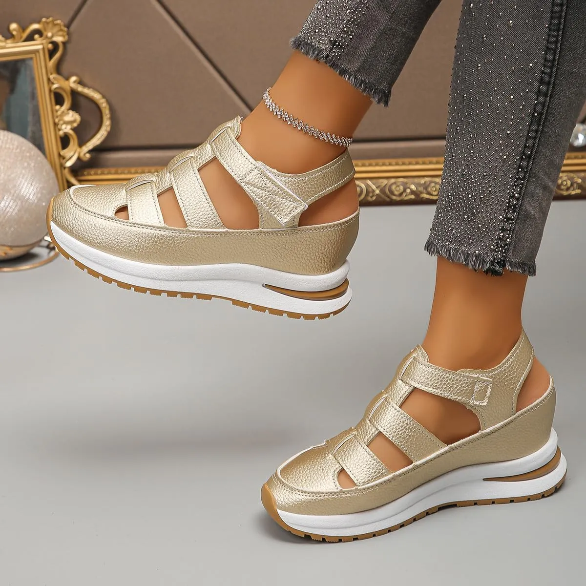 Women's Hollow Out Breathable Platform Wedge Sandals Sneakers, Womens Stylish Casual Closed Toe Sandal Adjustable Strap