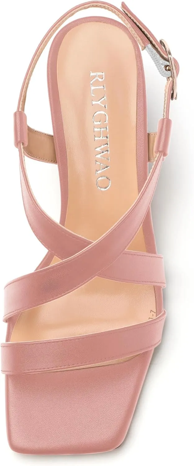 Womens Sandals Buckle Adjustable Strap Square Open Toe Chunky Heels Fashion Solid Matte Sandals