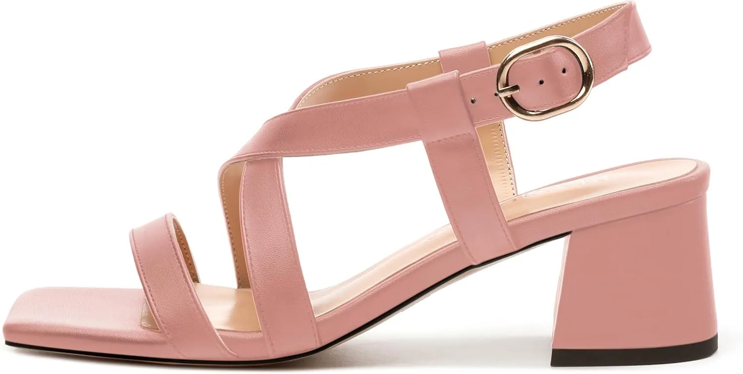 Womens Sandals Buckle Adjustable Strap Square Open Toe Chunky Heels Fashion Solid Matte Sandals