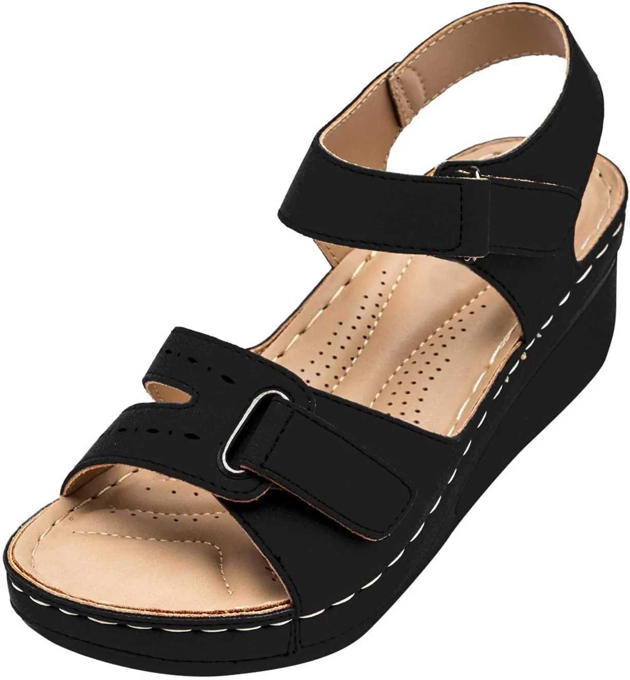 Womens Sandals with Arch Support Double Adjustable Strap Wedge Comfortable Breathable Open Toe Orthopedic Sandals