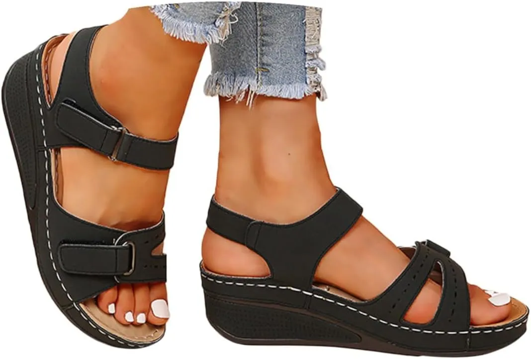 Womens Sandals with Arch Support Double Adjustable Strap Wedge Comfortable Breathable Open Toe Orthopedic Sandals