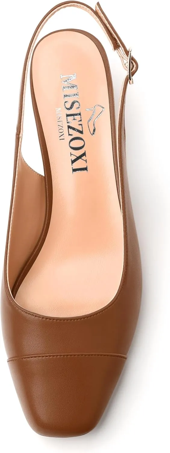 Womens Sqaure Toe Block Heel Slingback Pumps