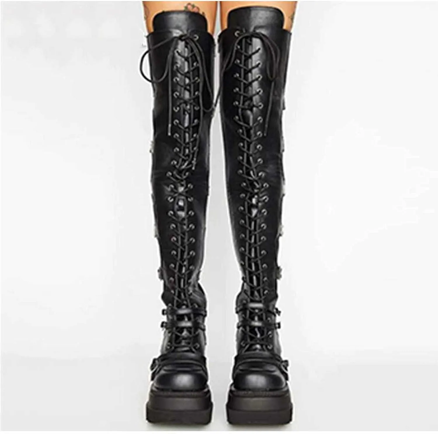 Women's Wedge Platform Over The Knee Boots Goth Punk Lace-Up Motorcycle Riding Boots Fashion Thigh High Combat Boots