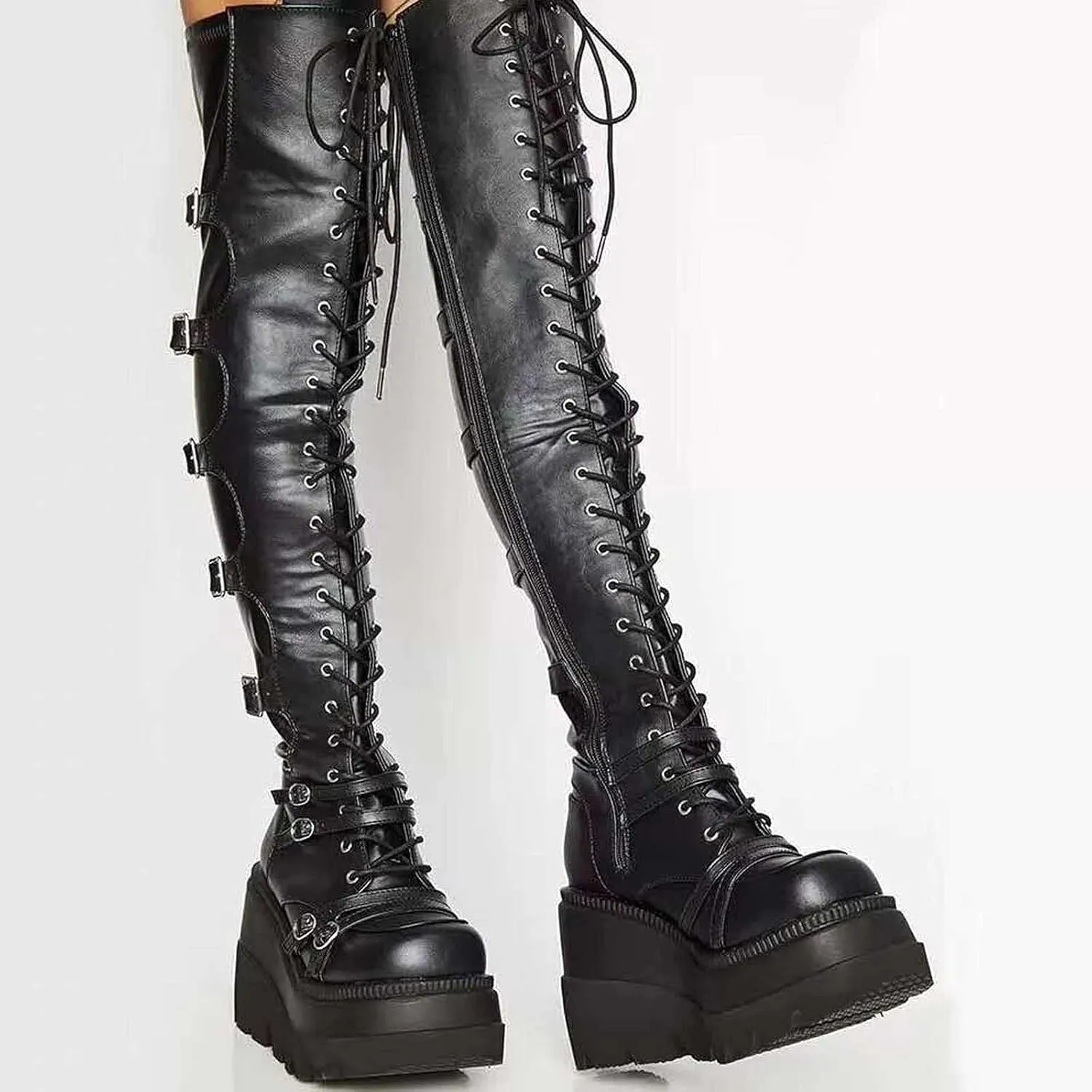 Women's Wedge Platform Over The Knee Boots Goth Punk Lace-Up Motorcycle Riding Boots Fashion Thigh High Combat Boots