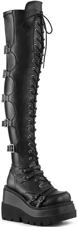 Women's Wedge Platform Over The Knee Boots Goth Punk Lace-Up Motorcycle Riding Boots Fashion Thigh High Combat Boots