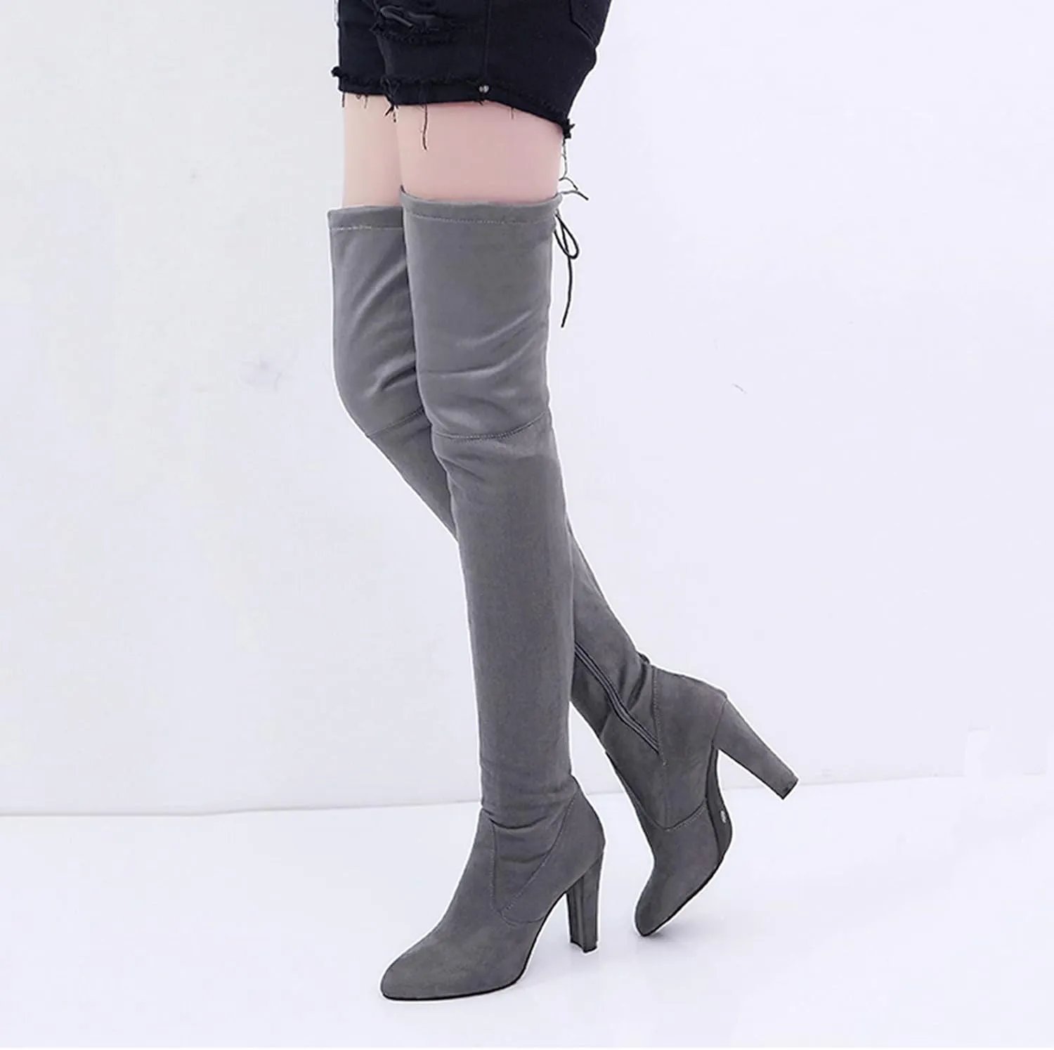 Womenyiaor Over the Knee Boots for Women, Platform Thigh High Boots Chunky Heel Knee High Boots Fashion Long Boot Round Toe Stretch Suede Over-the-Knee Boots Sexy Fall Boots