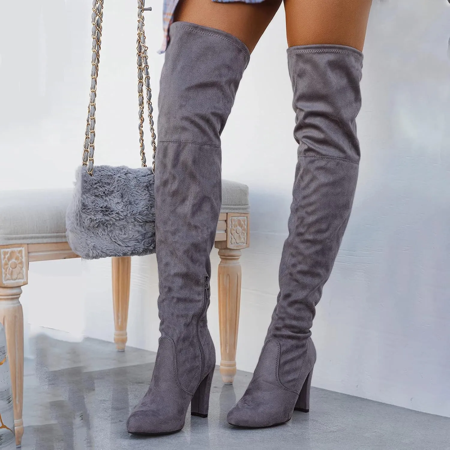 Womenyiaor Over the Knee Boots for Women, Platform Thigh High Boots Chunky Heel Knee High Boots Fashion Long Boot Round Toe Stretch Suede Over-the-Knee Boots Sexy Fall Boots