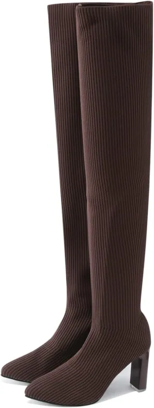 Womenyiaor Over the Knee Boots for Women, Platform Thigh High Boots Chunky Heel Knee High Boots Fashion Long Boot Round Toe Stretch Suede Over-the-Knee Boots Sexy Fall Boots