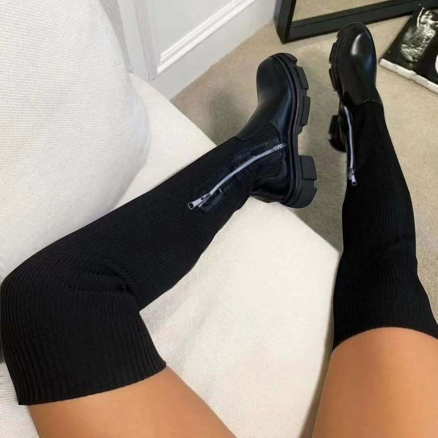 Womenyiaor Over the Knee Boots for Women, Platform Thigh High Boots Chunky Heel Knee High Boots Fashion Long Boot Round Toe Stretch Suede Over-the-Knee Boots Sexy Fall Boots