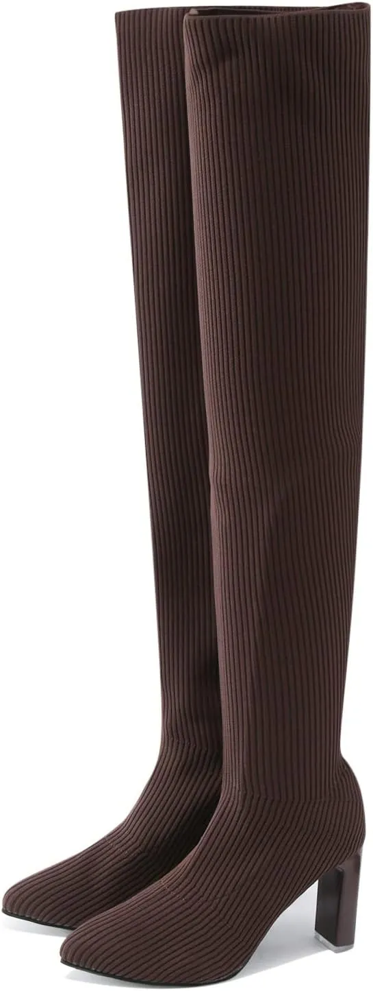 Womenyiaor Over the Knee Boots for Women, Platform Thigh High Boots Chunky Heel Knee High Boots Fashion Long Boot Round Toe Stretch Suede Over-the-Knee Boots Sexy Fall Boots