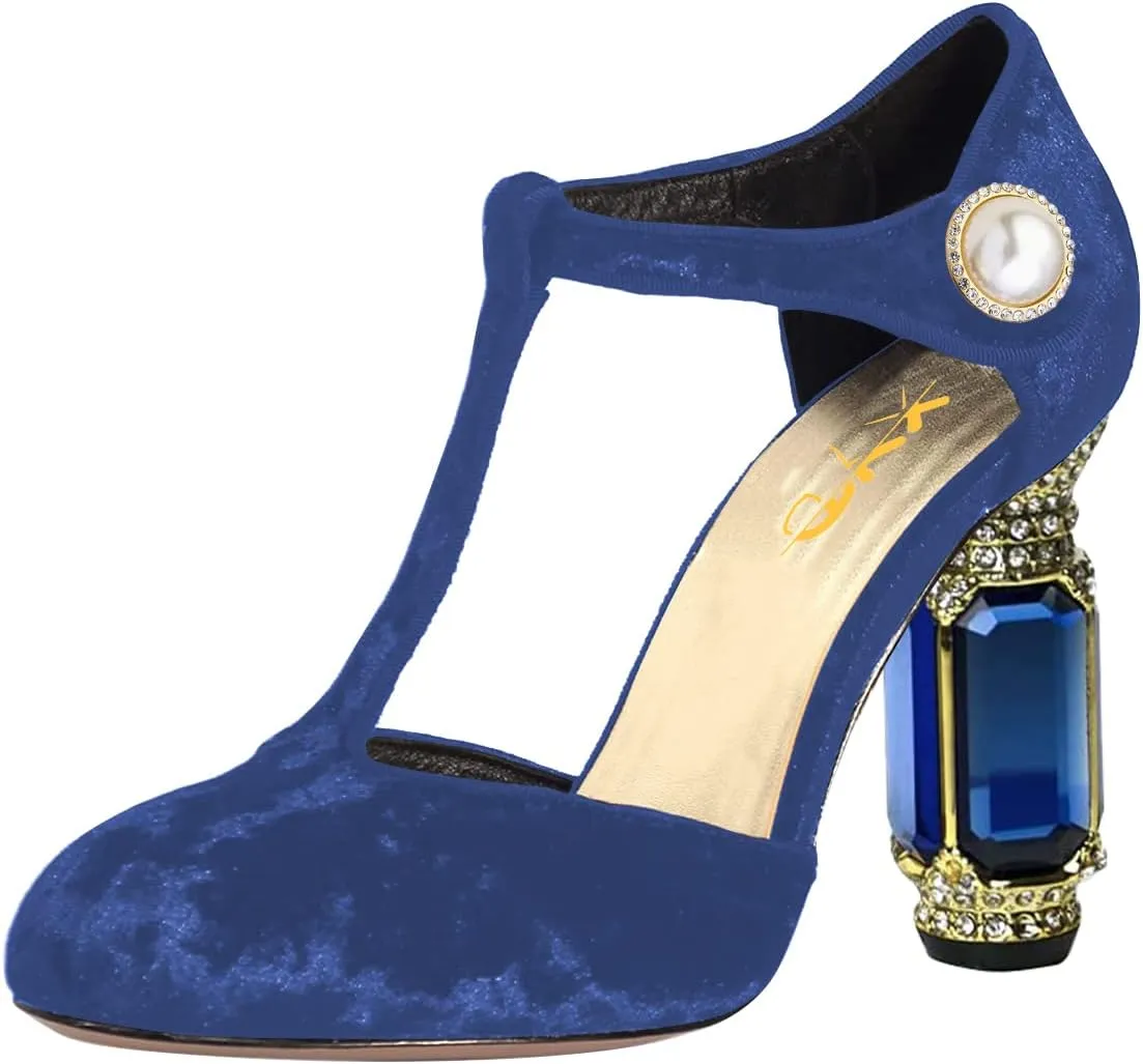XYD Womens T-Strap Round Toe Mary Jane Velvet Pumps Gorgeous Rhinestone Pearl Encrusted Button Chunky Heels Fancy Retro Shoes
