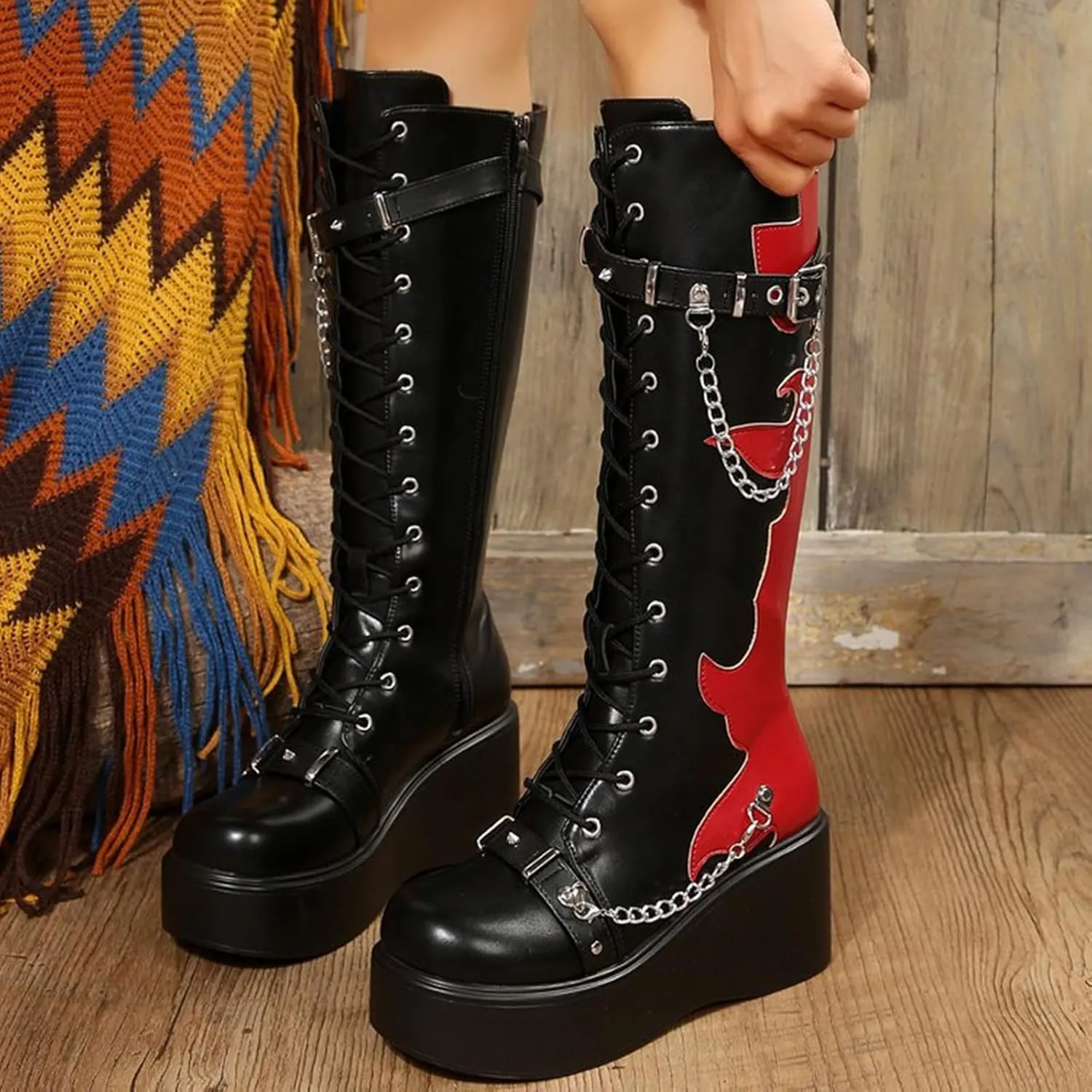 ZKXYFFS Womens Over The Knee Boots Chunky High Heel Riding Boots Side Zip Lace up Motorcycle Platform Boots Thigh High Combat Boots