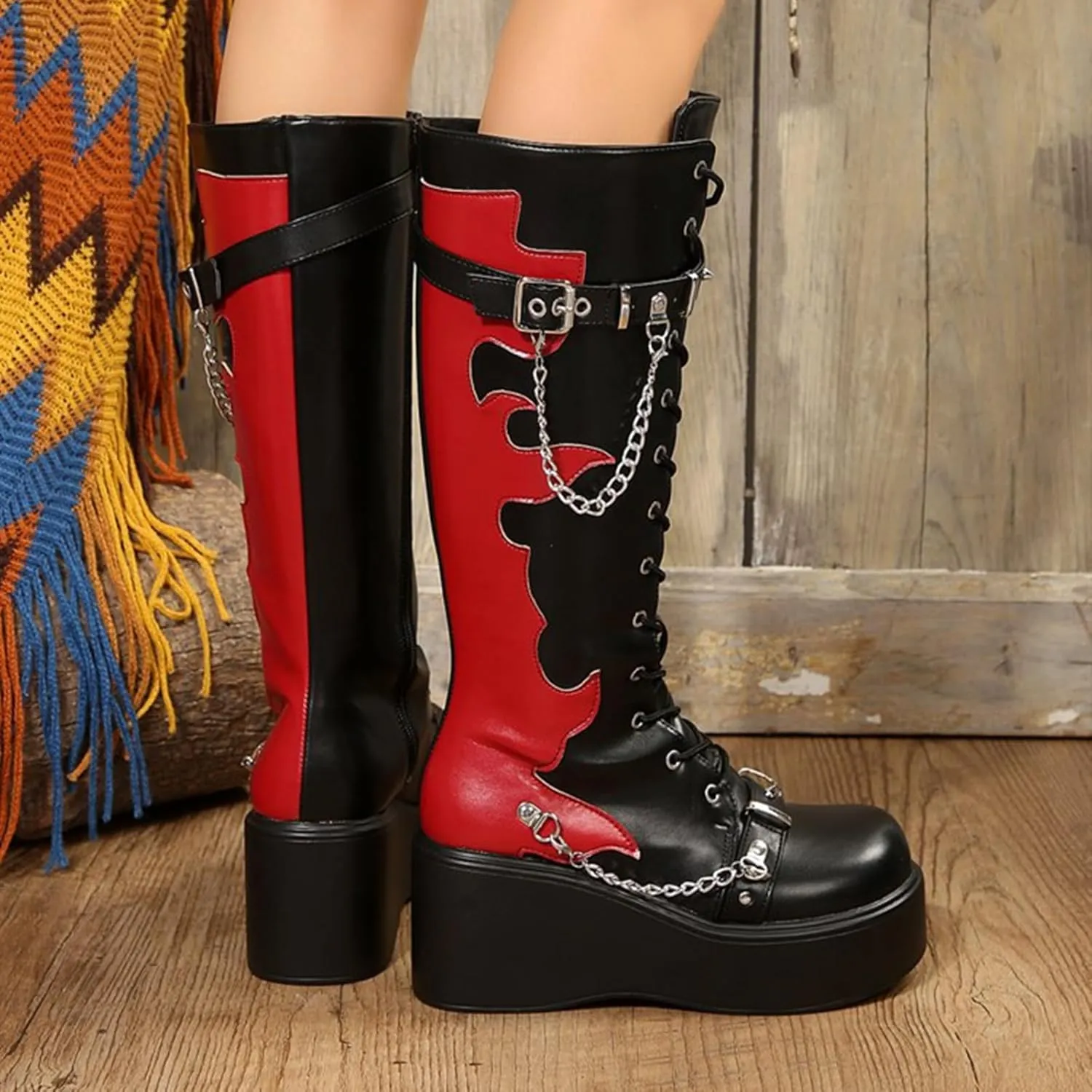 ZKXYFFS Womens Over The Knee Boots Chunky High Heel Riding Boots Side Zip Lace up Motorcycle Platform Boots Thigh High Combat Boots