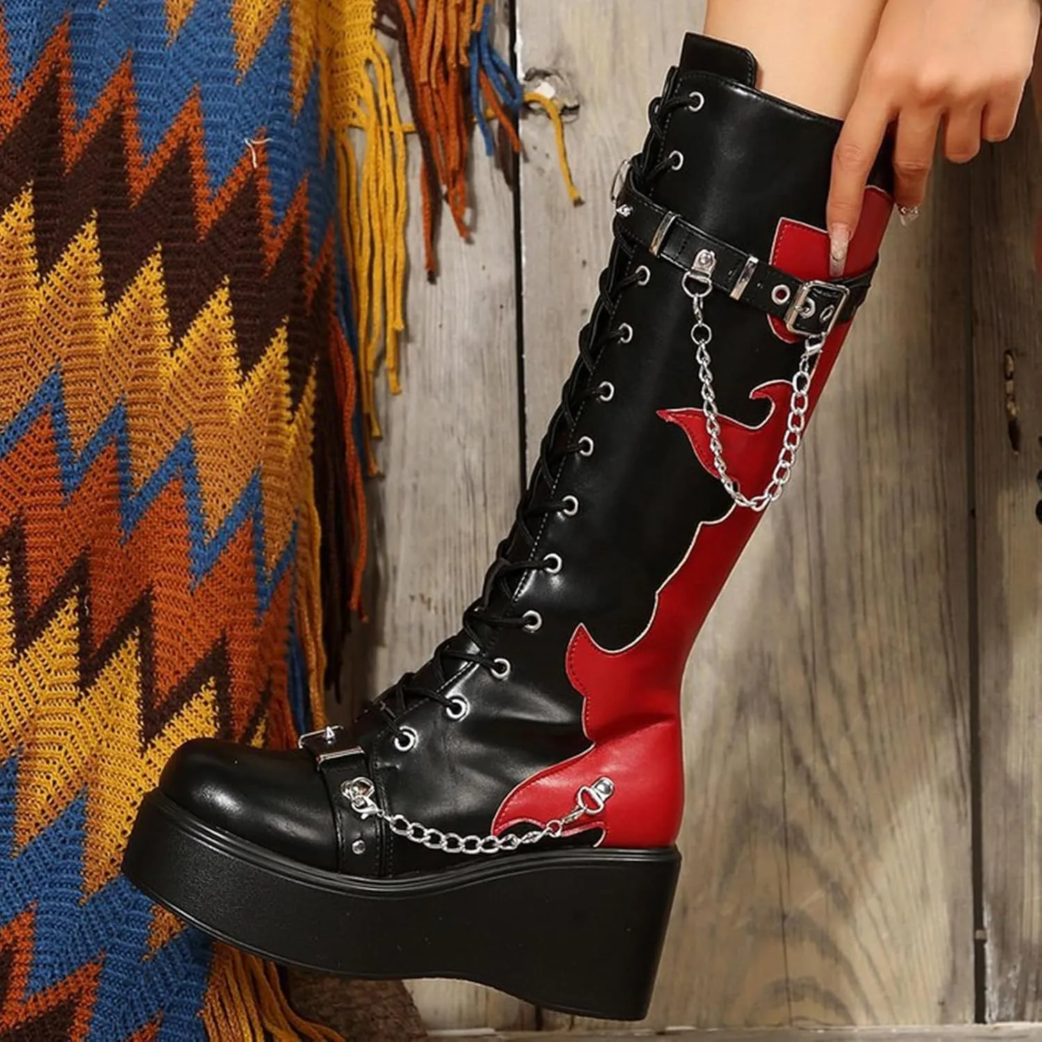 ZKXYFFS Womens Over The Knee Boots Chunky High Heel Riding Boots Side Zip Lace up Motorcycle Platform Boots Thigh High Combat Boots
